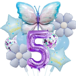 Detailed flat lay of 10pc ice blue butterfly and number 5 foil balloon party set