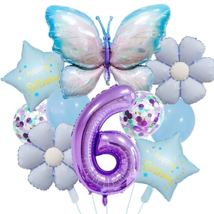 Close-up of butterfly and star foil balloons in blue and purple birthday set