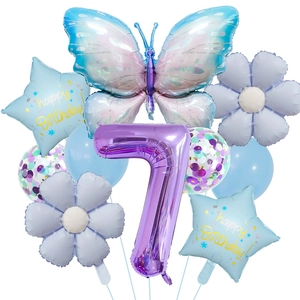 Detail view of ice blue butterfly and number 7 foil balloon set for birthday party