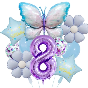 Ice blue birthday balloon set with butterfly, number 8, star and flower shapes