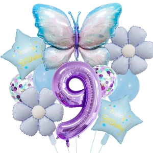 Detailed 9th birthday balloon set with butterfly, star, and flower foil decorations