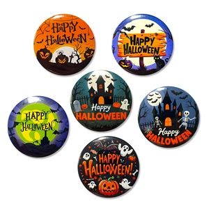 Set of 6 Halloween party badges featuring pumpkins and ghosts on 58mm tinplate