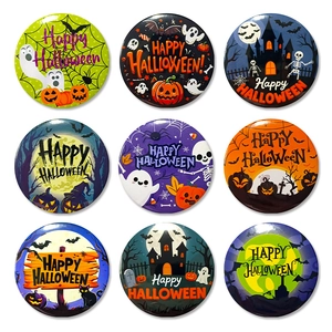Set of 9 Halloween party tinplate badges 58mm with pumpkin, ghost, and bat designs