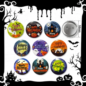 Set of 9 Halloween tinplate badges 58mm with pumpkin ghost and bat designs for party decor