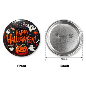 Front and back detail of 58mm Halloween tinplate badge with pumpkin and ghost motifs