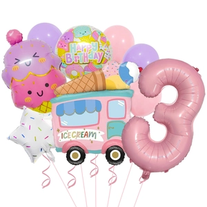 Pink ice cream truck balloon set with number 3 for girls 3rd birthday party decor