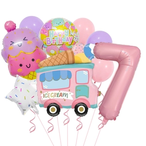 Detail view of pink number 7 balloon and ice cream truck foil balloons for party decoration