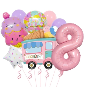 Detail of ice cream truck and pink number 8 foil balloons set for birthday party
