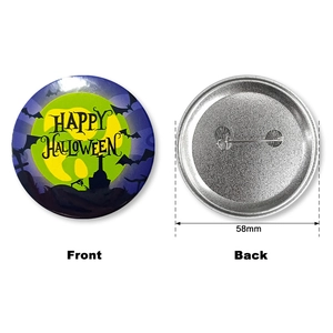 58mm Halloween tinplate badge with Happy Halloween design featuring moon and bats
