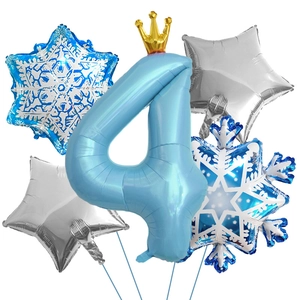 Schneeflocken-Ballon-Set mit hellblauer Nummer 4, Krone und silbernen Sternen für Kinder