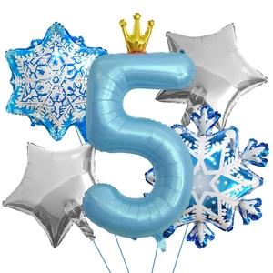 5. Geburtstag Ballon Set mit hellblauer Zahl fünf Krone und Schneeflocken-Folienballons