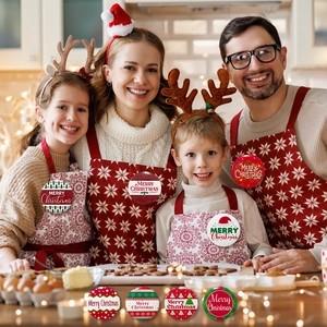 Family wearing festive 58mm Merry Christmas badges while baking in a cozy kitchen setting
