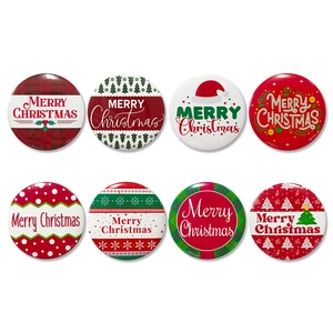 Set of 8 round Christmas tinplate badges featuring various holiday patterns and festive icons