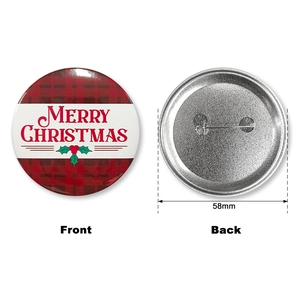 Detailed front and back view of a 58mm Merry Christmas tinplate badge with pin fastener