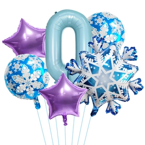 Macro detail of blue snowflake foil balloon set with numbers for winter party decor