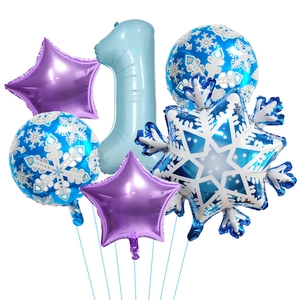 6pcs snowflake balloon set with blue number 1 for winter 1st birthday party decor