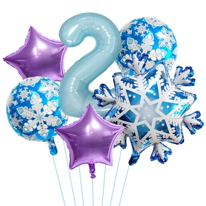 Winter snowflake balloon set with blue number two and stars for birthday party decoration