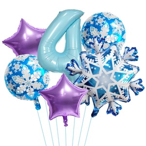 Detailed snowflake and purple star aluminum balloons for a 4th winter birthday party
