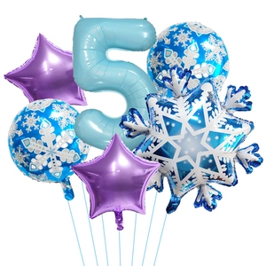 Detailed set of blue and purple snowflake foil balloons for 5th birthday winter party decor