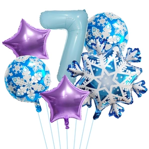 Detailed set of blue and purple winter snowflake balloons featuring light blue number seven