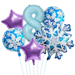 Detailed set of 8th birthday snowflake foil balloons with blue stars and icy theme