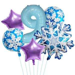 Detailed set of snowflake and number nine foil balloons for winter birthday party decor