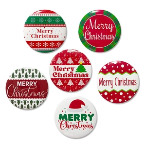 Set of 6 Christmas tinplate badges with festive patterns and Merry Christmas text decor