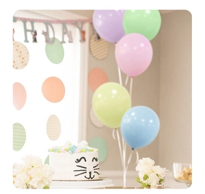 Detail von Makronen-Ballons, Katzenkuchen und rosa Geburtstagsbanner für Partys