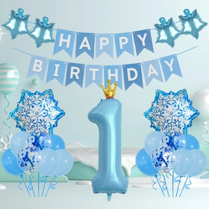 Blaues Deko-Set zum 1. Geburtstag mit Luftballon Nummer eins und Schneeflocken