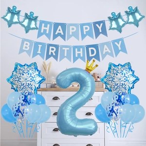 Blauer Nummer 2 Ballon mit Krone, Schneeflocken und Happy Birthday Banner Set