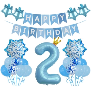 Blau-weißes Schneeflocken Geburtstags-Ballon-Set mit Zahl 2 und Happy Birthday Banner