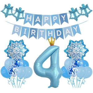 Blaues Deko-Set zum 4. Geburtstag mit Schneeflocken-Ballons und einer Geburtstags-Girlande