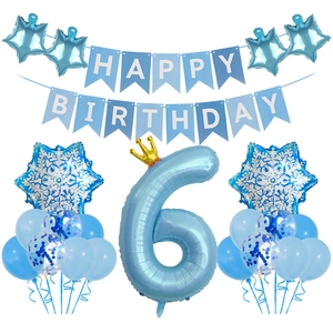 Deko-Set zum 6. Geburtstag in Blau mit Banner und 40-Zoll-Kronen-Zahlenballon der Nummer 6