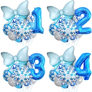 Snowflake Theme Birthday Number Balloons Aluminum Foil And Latex For Winter Party Blue Silver Decorations