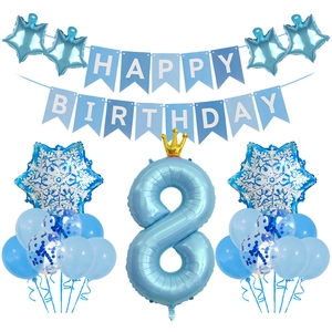 Blaues Deko-Set zum 8. Geburtstag mit Kronenzahl-Ballon, Schneeflocken und Party-Girlande