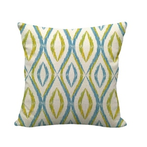 Square geometric linen throw pillow cover with blue and green ikat diamond pattern