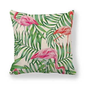 Detailed close-up of linen fabric texture with flamingo and tropical palm leaf pattern