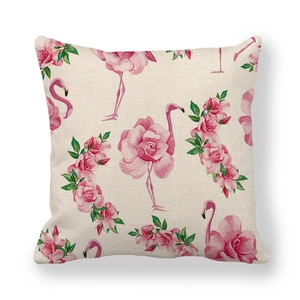 Detailed macro view showing the natural linen texture and pink flamingo floral print