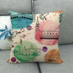 Detailed texture of linen pillowcase with watercolor Venice landmark architecture design