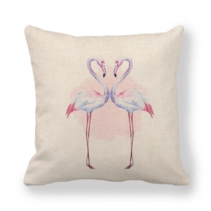 Linen pillowcase with watercolor flamingo heart design on a natural cream background
