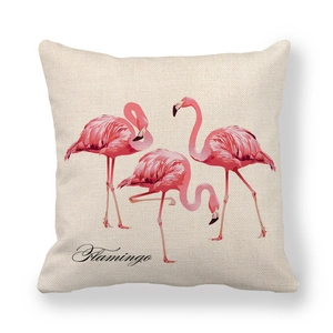 Linen flamingo throw pillow cover with pink birds and artistic typography on beige base