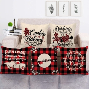 Lot de 5 housses de coussin de Noël à carreaux rouges et motifs festifs rustiques