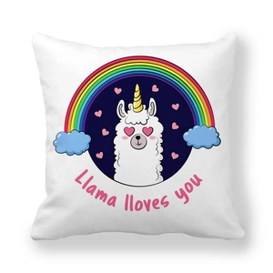 Detailed view of white alpaca peach skin pillowcase with colorful llama and rainbow print