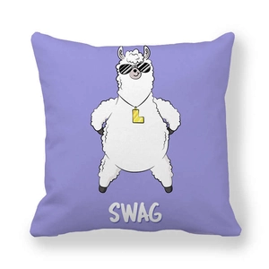 Macro detail of lavender pillowcase with cool alpaca print and SWAG lettering