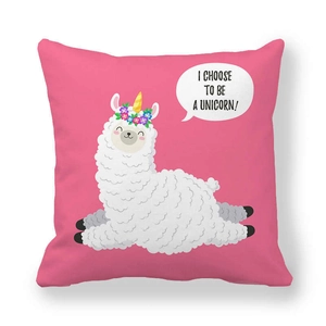 Close-up of pink llama unicorn pillowcase featuring I Choose To Be A Unicorn text