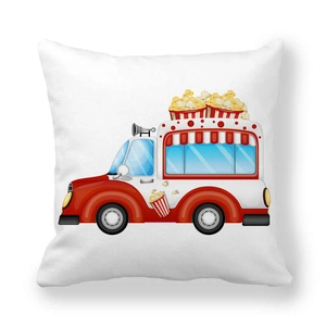 Dettaglio della federa per cuscino in pelle di pesca con camion di popcorn cartoon
