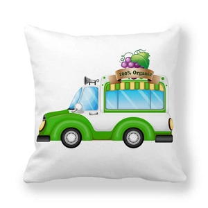 Dettaglio della stampa cartoon food truck su fodera per cuscino in pelle di pesca