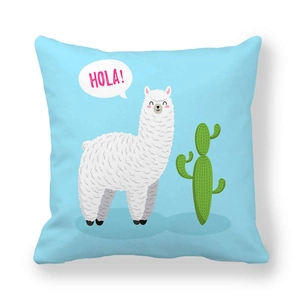 Detail of cute white alpaca and green cactus print on light blue peach skin fabric