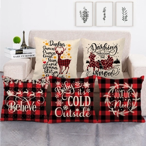 Taie d'Oreiller en Lin à Carreaux Buffalo de Noël Vintage Renne Sapin Camion Housse de Coussin pour Salon Décoration de Vacances Carrée