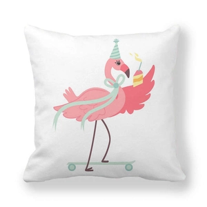 Close-up detail of cartoon flamingo print on white peach skin fabric cushion cover